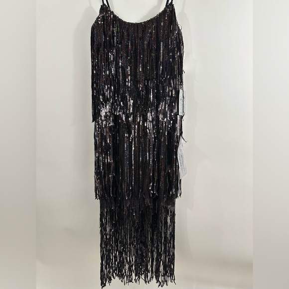 Dress the Population Roxy Iridescent Black Fringe Midi Flapper 1920s NWT Size S - Picture 5 of 12